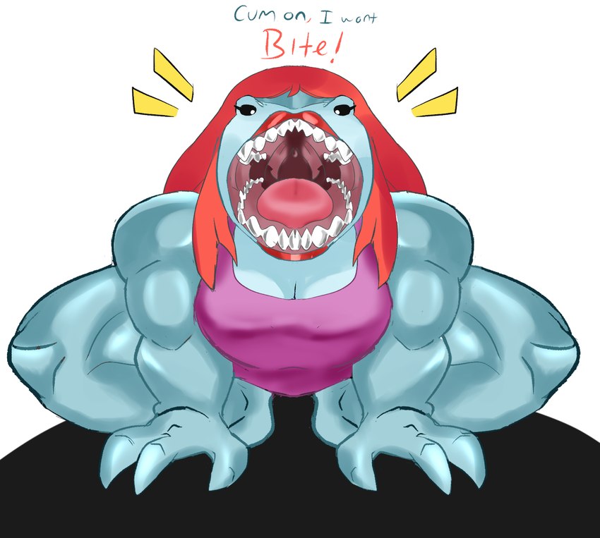 ambiguous_gender anthro big_muscles blue_body bodily_fluids clothed clothing crouching front_view genital_fluids hair huge_muscles hungry lipstick_on_face makeup muscular muscular_ambiguous muscular_thighs open_mouth presenting_mouth red_hair shark_fin sharp_teeth simple_background solo teeth text tongue enter101 dc_comics king_shark fish hybrid marine shark english_text hi_res