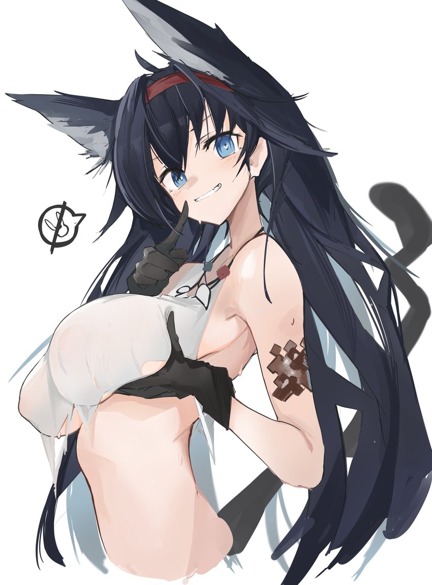 bangs bare_shoulders big_breasts black_hair blue_eyes blush breasts clothing cowlick eyebrow_through_hair eyebrows female finger_to_mouth gloves hair hair_over_eyes handwear heart_eyes heart_symbol jewelry long_hair looking_at_viewer multi_ear necklace nipple_outline pupils raised_arm shadow shirt simple_background smile solo speech_bubble symbol-shaped_pupils tank_top topwear translucent translucent_hair unusual_pupils white_background white_body white_skin mikojin arknights hypergryph studio_montagne blaze_(arknights) animal_humanoid felid felid_humanoid feline feline_humanoid humanoid mammal mammal_humanoid hi_res