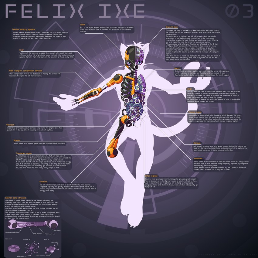 abstract_background anatomy anthro cybernetics digitigrade endoskeleton green_eyes machine male silhouette solo text x-ray_view tattorack felix_ixe alien cyborg felid feline mammal 1:1 english_text hi_res model_sheet