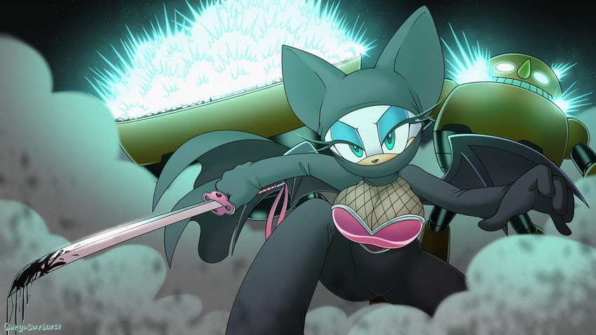 anthro big_breasts breasts cleavage clothed clothing explosion female fully_clothed katana looking_at_viewer machine melee_weapon ninja oil solo sword teal_eyes warrior weapon wings omegasunburst sega sonic_the_hedgehog_(series) rouge_the_bat bat egg_pawn mammal robot 16:9 2019 absurd_res hi_res widescreen