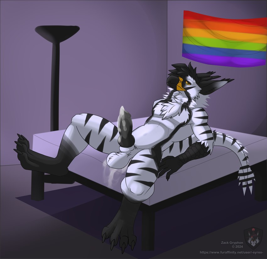 anthro bed bodily_fluids cum flag flag_on_wall furniture genital_fluids hair inside lamp lgbt_pride male pride_color_flag pride_colors rainbow_pride_colors six-stripe_rainbow_pride_colors solo stripes text zack_gryphon mythology avian gryphon mythological_avian mythological_creature absurd_res hi_res url