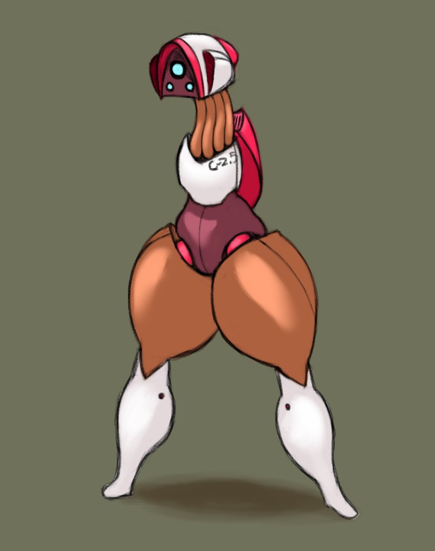 armless blue_eyes brown_legs female machine not_furry red_body simple_background solo thick_thighs white_body jovi_cap robot hi_res