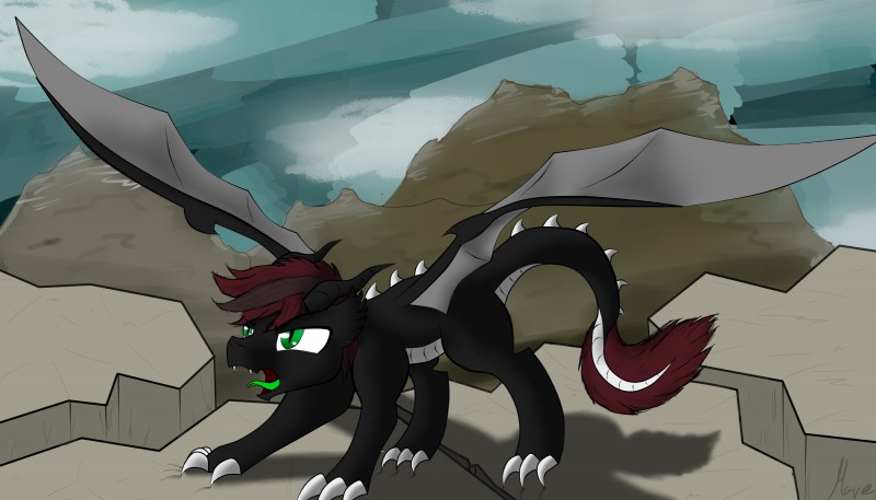 claws feral green_eyes horn male mountain scales solo tail tongue wings hoi~poi mythology dragon mythological_creature mythological_scalie scalie 7:4 absurd_res hi_res