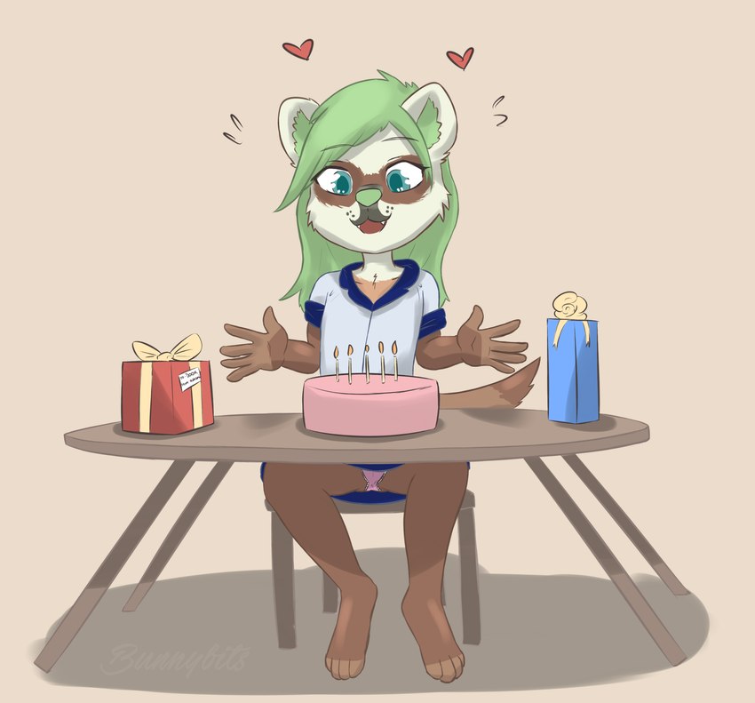 4_fingers 5_fingers anthro biped birthday_cake birthday_gift blue_eyes blue_gift bottomwear cake camel_toe candle cheek_tuft clothed clothing dessert facial_tuft fangs female fingers food frilly frilly_clothing frilly_panties frilly_underwear fur furniture gift green_hair green_inner_ear green_nose hair happy heart_symbol multicolored_body multicolored_fur open_mouth panties pink_clothing pink_panties pink_underwear red_gift sitting skirt solo table teeth topwear tuft underwear upskirt young young_anthro young_female bunnybits conditional_dnp dook_(lildooks) domestic_ferret mammal mustelid musteline true_musteline weasel 2017 absurd_res digital_media_(artwork) hi_res shaded