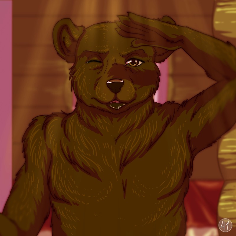 anthro brown_body brown_eyes brown_fur building doorway front_view fur house looking_outside nude one_eye_closed open_mouth shading_eyes solo window lirkov bear mammal 1:1 2017 comic digital_media_(artwork) half-length_portrait portrait