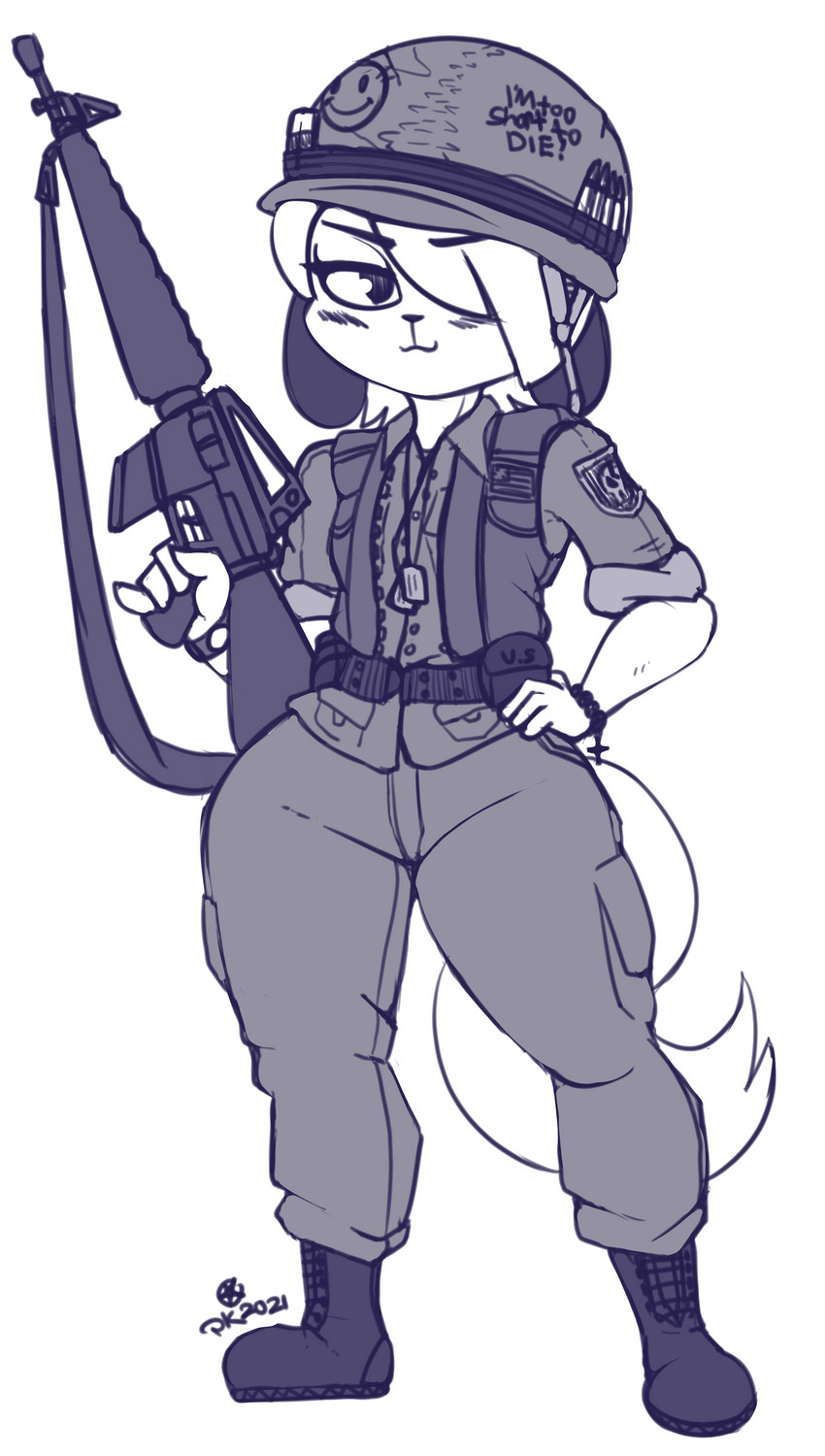 ammunition anthro ar_platform armor beads blush boots clothed clothing femboy footwear gun headgear helmet holding_gun holding_object holding_ranged_weapon holding_weapon male military_uniform one_eye_obstructed prayer_beads ranged_weapon rosary shoes smile solo standing thick_thighs uniform weapon pkfirefawx niko_(pkfirefawx) canid canine canis domestic_dog mammal absurd_res blue_and_white hi_res monochrome sketch