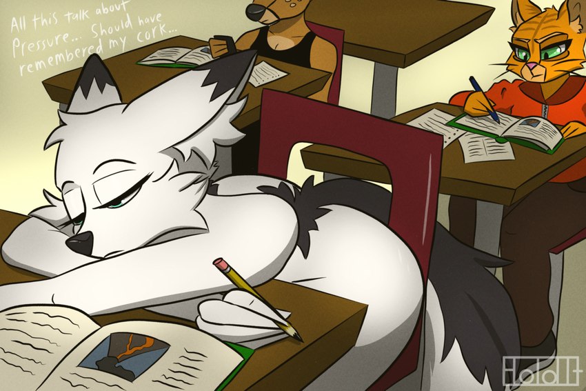 anthro book classroom desk female furniture green_eyes male nude pencil_(object) school sitting table talking_to_self testing superholdit pepper_(lichee) canid canine deer felid feline fox hybrid mammal mephitid skunk 2023 hi_res