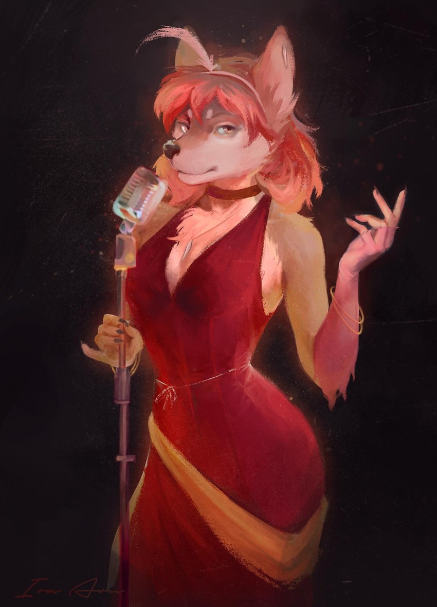 anthro bracelet breasts chest_tuft choker clothed clothing dress electronics feathers female hair jewelry looking_at_viewer microphone necklace red_clothing red_dress red_hair solo standing tuft ira-arn changeling_tale jessie_(changeling_tale) canid canine canis mammal wolf absurd_res hi_res