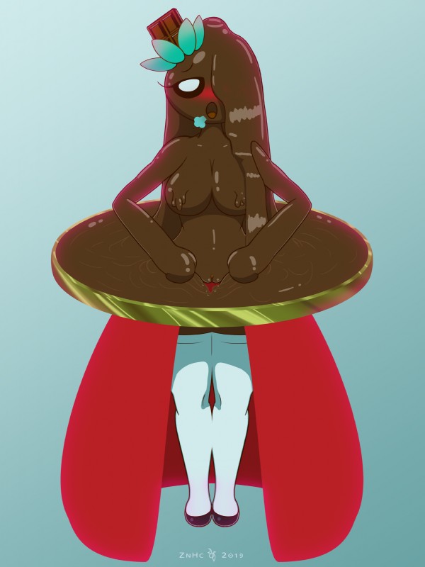 breasts candy chocolate chocolate_fountain dessert female food fountain genitals looking_at_viewer nipples not_furry nude open_mouth presenting pussy simple_background solo tongue znhc food_creature humanoid 2019 3:4 absurd_res digital_media_(artwork) hi_res