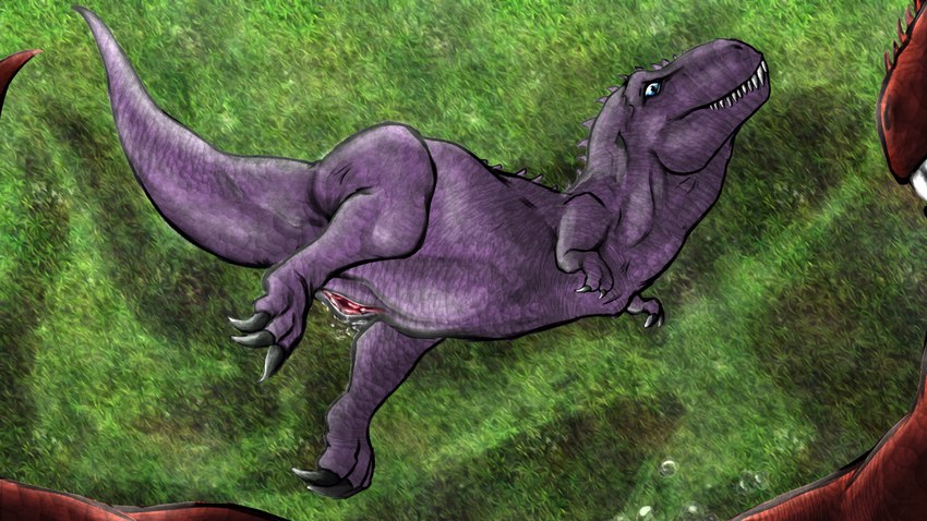 ambiguous_gender bodily_fluids claws detailed_background duo female female/ambiguous feral genital_fluids genitals grass plant presenting presenting_pussy purple_body pussy red_body scales teeth teeth_showing textured vaginal_fluids bredtolove_(artist) dinosaur prehistoric_species reptile scalie theropod tyrannosaurid tyrannosauroid tyrannosaurus tyrannosaurus_rex 16:9 colored digital_media_(artwork) digital_painting_(artwork) hi_res shaded widescreen