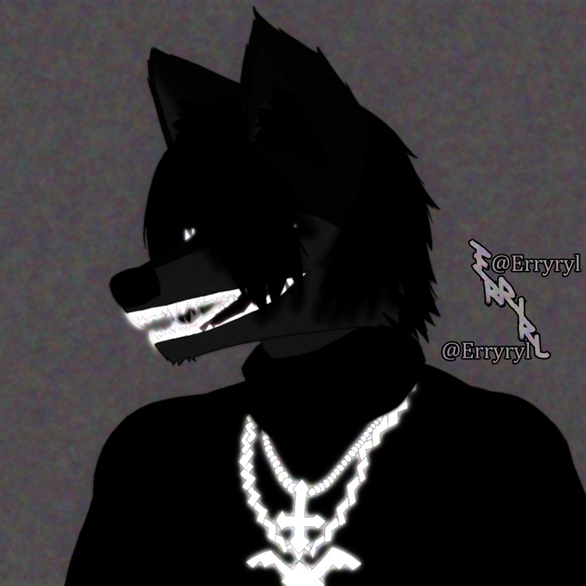 anthro black_body black_clothing black_fur chain_jewelry chain_necklace clothing dark dark_body dark_fur fur glowing glowing_eyes glowing_teeth grey_body grey_fur jewelry male necklace noise_filter solo static_background sweater teeth topwear turtleneck white_eyes erryryl ken_carson_(rapper) canid canine fox mammal 1:1 album_cover cover hi_res