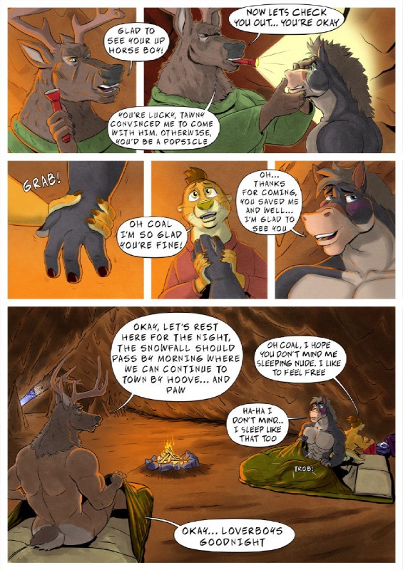 4_fingers anthro bulge butt campfire cave dialogue digitigrade embarrassed fingers flashlight group hand_holding male male/male muscular muscular_male nude text tawny_otter coal_(tawny_otter) tawny_otterson deer equid equine horse mammal mustelid otter 2019 comic english_text hi_res