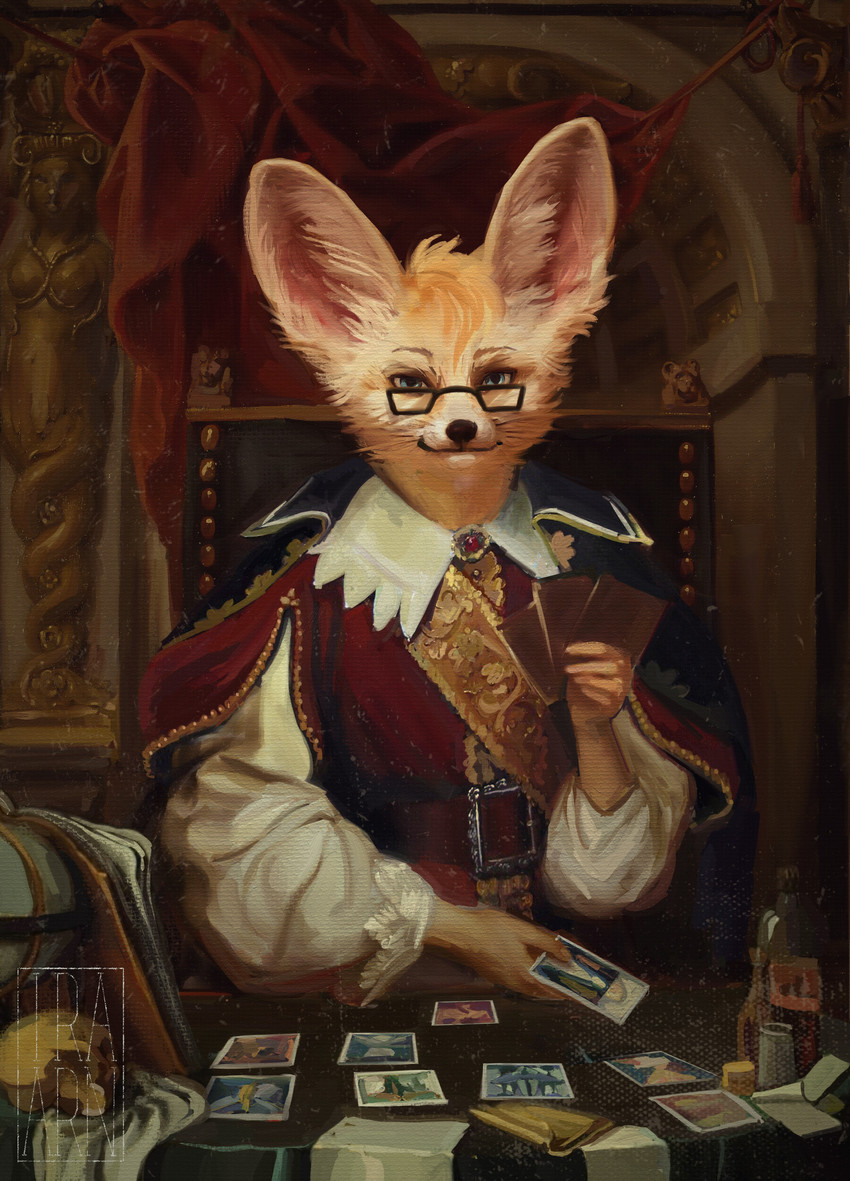 5_fingers ambiguous_gender anthro big_ears black_nose blue_eyes book card card_game clothing collar detailed_background eyewear fingers fortune_telling fur gaming glasses holding_object medieval orange_body orange_fur red_clothing renaissance sitting solo tarot tarot_card whiskers white_body white_clothing white_collar white_fur wood_carving ira-arn canid canine fennec_fox fox mammal true_fox absurd_res hi_res watermark