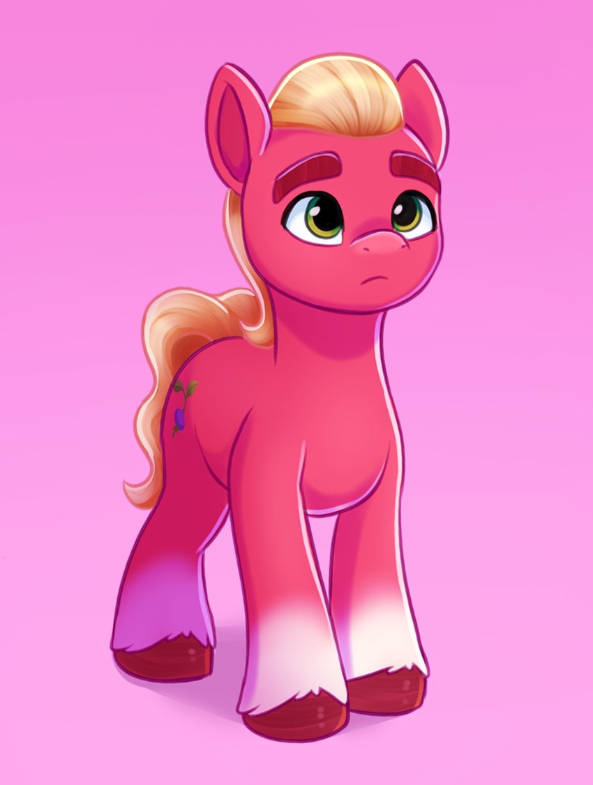 blonde_hair blonde_mane brown_hooves cutie_mark eyebrows feral fetlocks green_eyes hair hooves looking_up male mane pink_background red_body red_hooves simple_background solo tail thick_eyebrows yellow_tail malarkey_(artist) hasbro mlp_g5 my_little_pony sprout_cloverleaf_(mlp) earth_pony equid equine horse mammal pony digital_media_(artwork)