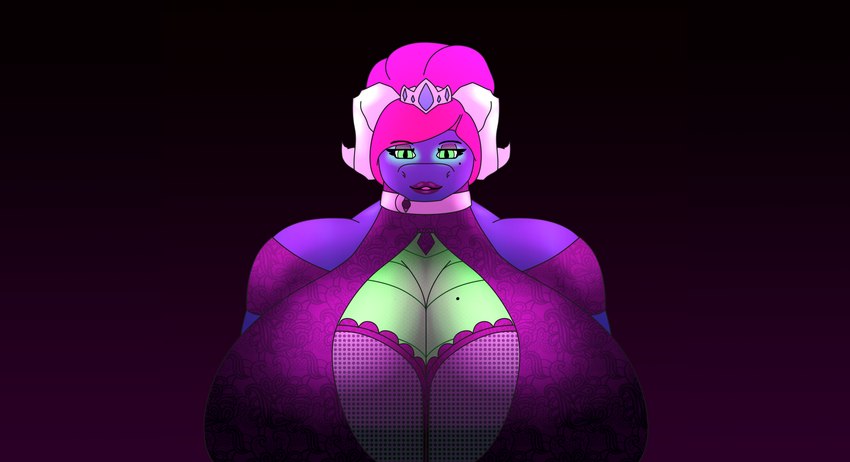 anthro big_breasts blue_body breasts clothed clothing crown dress eyeshadow female glowing glowing_eyes green_eyes hair headgear horn huge_breasts hyper hyper_breasts lipstick looking_at_viewer makeup pink_hair scales simple_background smile solo topwear zhephyreart mythology zhephyre_(zhephyreart) dragon mythological_creature mythological_scalie scalie digital_media_(artwork) hi_res