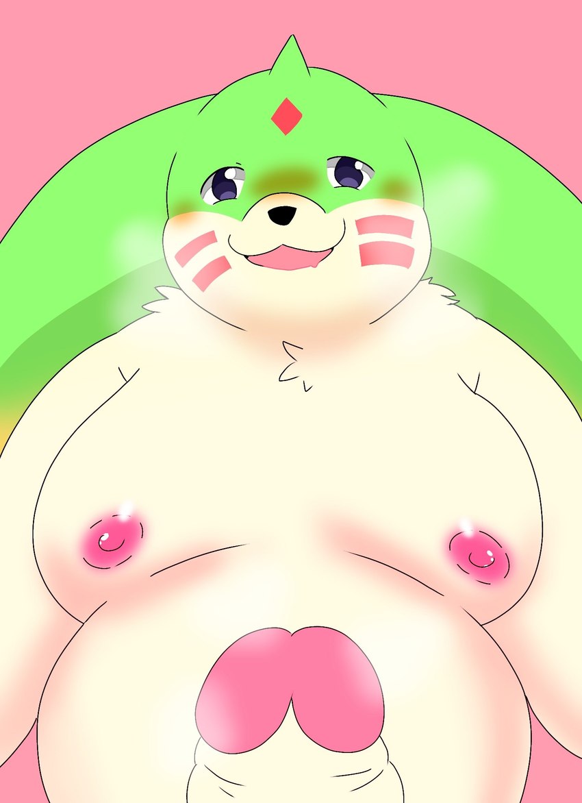 anthro belly blush erection genitals horn humanoid_genitalia humanoid_penis long_ears looking_at_viewer male moobs nipples open_mouth open_smile overweight penis sketchy smile smiling_at_viewer solo tukiguma761 bandai_namco digimon digimon_(species) gargomon lagomorph leporid mammal rabbit hi_res