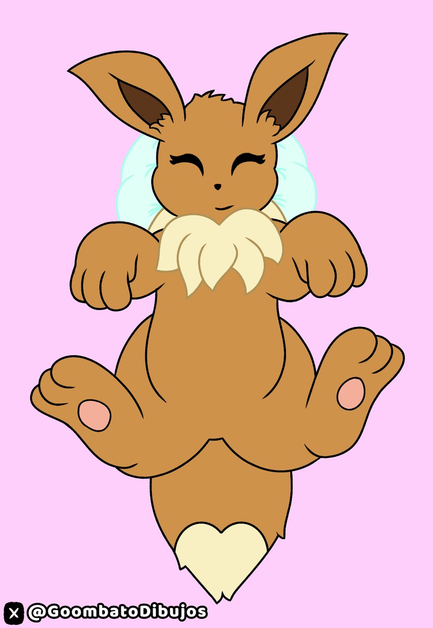 brown_body brown_fur dipstick_tail eyes_closed female feral fur lying markings on_back pink_background simple_background smile solo tail tail_markings toony goombato_dibujos nintendo pokemon eevee generation_1_pokemon pokemon_(species) flat_colors hi_res