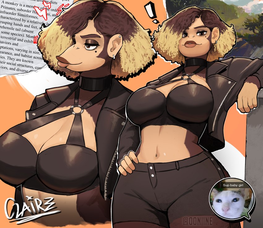 anthro background_text big_breasts black_clothing blonde_highlights bottomwear breasts brown_body brown_fur brown_hair clothed clothing ear_piercing ear_ring eyebrows eyelashes female fully_clothed fur hair hand_on_hip highlights_(coloring) huge_breasts jacket lips looking_down markings mole_(marking) navel piercing ring_piercing shorts smile solo text thick_lips thick_thighs topwear 00niine claire_(redustheriotact) ape haplorhine mammal monkey primate 2024 digital_media_(artwork) english_text hi_res