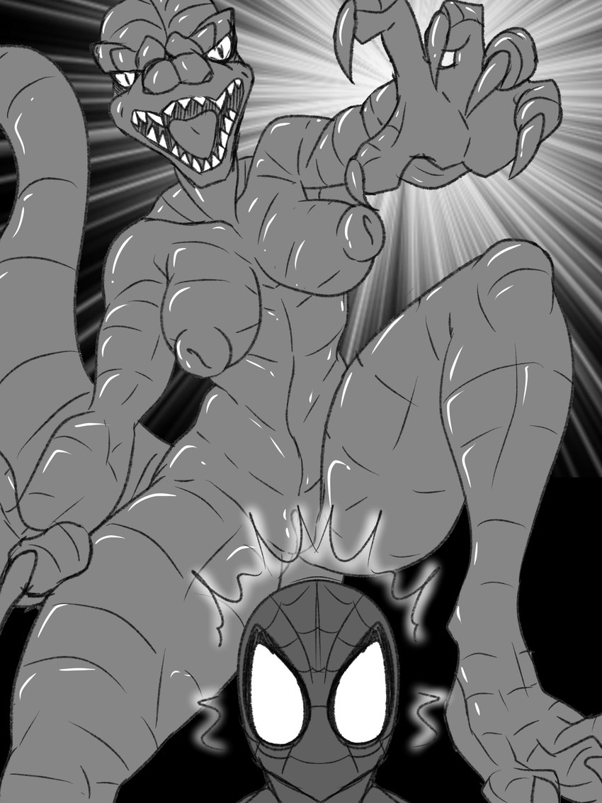 big_breasts breasts claws emphasis_lines fangs female genitals lizard_tail navel nipples non-mammal_breasts non-mammal_navel non-mammal_nipples nude open_mouth pussy scales sharp_teeth spread_legs spreading tail teeth thick_thighs tongue ventral_scales wide_hips joykill third-party_edit marvel spider-man_(series) spider-man_the_animated_series gila human humanoid lizard mammal reptile reptile_girl scalie 3:4 censor_removal_edit hi_res monochrome