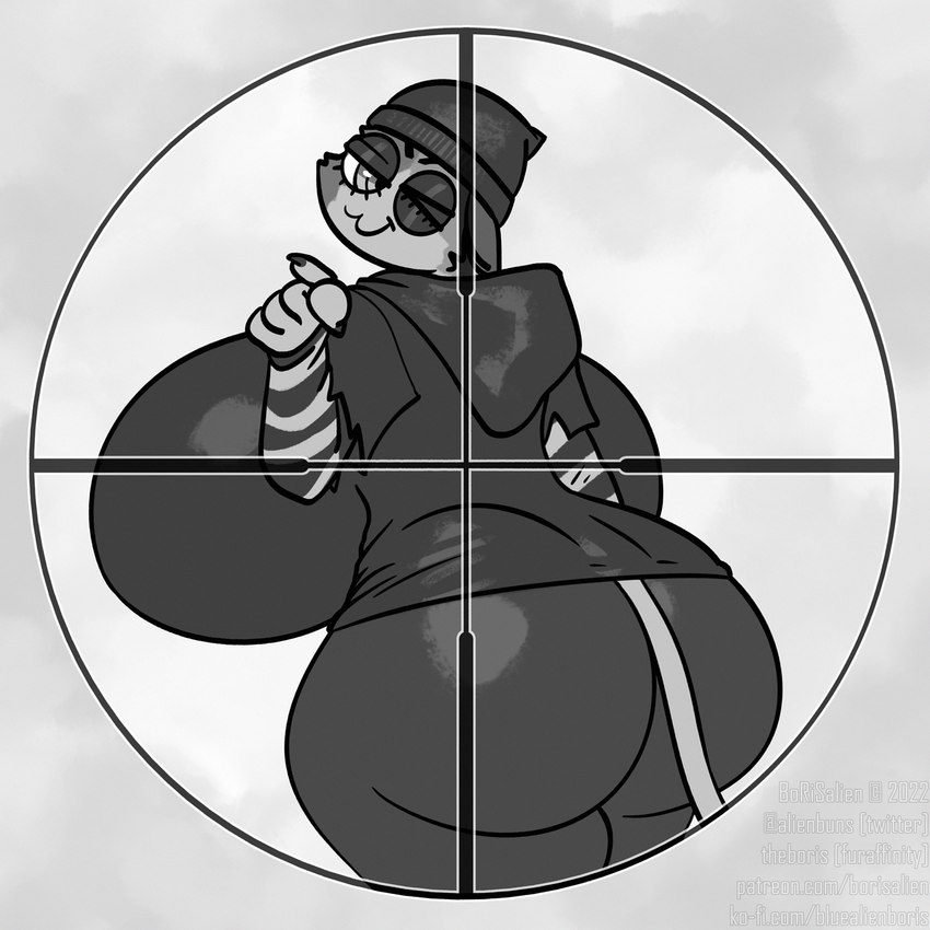 anthro beanie big_breasts big_butt bottomwear breasts butt clothing crosshair female gesture half-closed_eyes hand_gesture hat headgear headwear hoodie huge_breasts huge_butt hyper hyper_breasts looking_back mottled narrowed_eyes one_eye_closed one_eye_obstructed pants piebald pointing pointing_at_viewer scope smile solo thick_thighs topwear wide_hips wink borisalien epic_games fortnite meow_skulls calico_cat domestic_cat felid feline felis mammal 1:1 hi_res