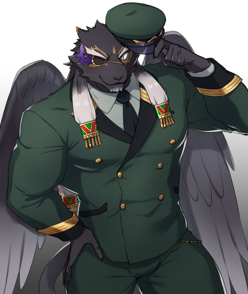 anthro black_body black_fur black_wings blush button_(fastener) clothing collared_shirt double_breasted_suit eye_patch eyebrows eyewear fur gold_(metal) gold_jewelry green_clothing green_eyes green_suit green_uniform hair hand_on_hip hat headgear headwear jewelry long_hair looking_aside looking_away male military_cap military_uniform muscular muscular_anthro muscular_male necktie shirt simple_background smile solo standing suit thick_thighs topwear uniform white_background wings aaassstaro lifewonders tokyo_afterschool_summoners tezcatlipoca_(tas) felid feline mammal digital_media_(artwork)