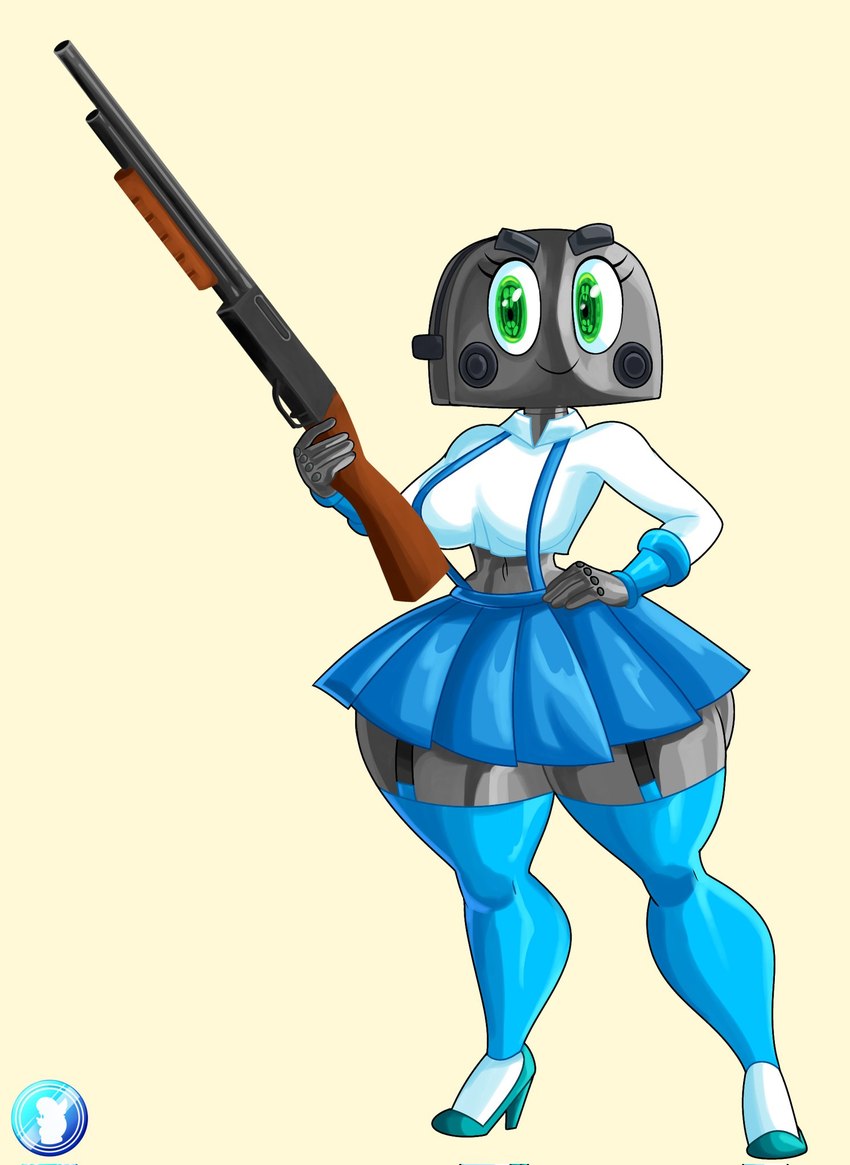 appliance bottomwear breasts clothing female footwear green_eyes grey_body gun kitchen_appliance legwear machine overalls ranged_weapon shirt shoes skirt solo stockings toaster topwear weapon vanillabeangoat animate_inanimate humanoid robot hi_res