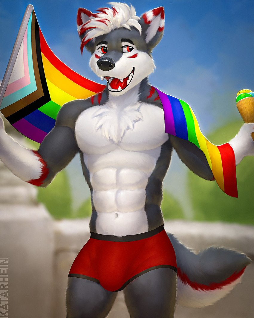 abs anthro biped black_nose blurred_background bulge clothed clothing dessert detailed_bulge dual_holding eyebrows flag flag_(object) food fur genital_outline grey_body grey_fur hair holding_flag holding_food holding_ice_cream holding_ice_cream_cone holding_object ice_cream ice_cream_cone lgbt_pride male multicolored_hair multicolored_tail muscular muscular_anthro muscular_male navel open_mouth outside penis_outline pride_color_flag pride_colors progress_pride_colors rainbow_flag rainbow_pride_colors rainbow_pride_flag rainbow_symbol red_eyes red_hair sky solo standing tail teeth tongue topless two_tone_hair vein white_body white_fur white_hair katarhein kiba_(kibawolf33) canid canine canis mammal wolf 2021 4:5 digital_media_(artwork) hi_res