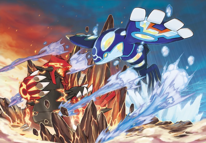 action_pose ambiguous_gender biped duo feral fight glowing jumping lava midair open_mouth pose raining rock sea sharp_teeth surfacing teeth water ken_sugimori nintendo pokemon cetacean elemental_creature generation_6_pokemon legendary_pokemon mammal marine mineral_fauna pokemon_(species) primal_groudon primal_kyogre primal_reversion reptile scalie 2014 absurd_res digital_media_(artwork) digital_painting_(artwork) hi_res official_art wallpaper