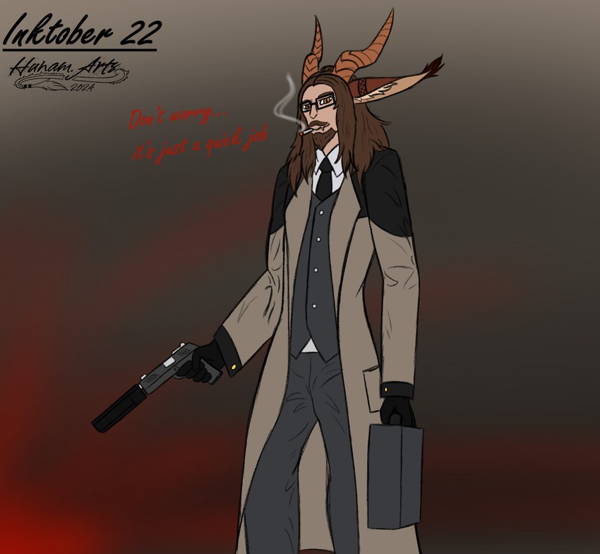 anthro beard cigarette cigarette_in_mouth clothing coat ear_tuft eyewear facial_hair glasses gloves gun hair handgun handwear horn mafia male object_in_mouth pistol ranged_weapon silencer smoke solo suit suitcase topwear tuft weapon hunamarts inktober patricio_(hunam) human humanoid mammal noctarion 2024