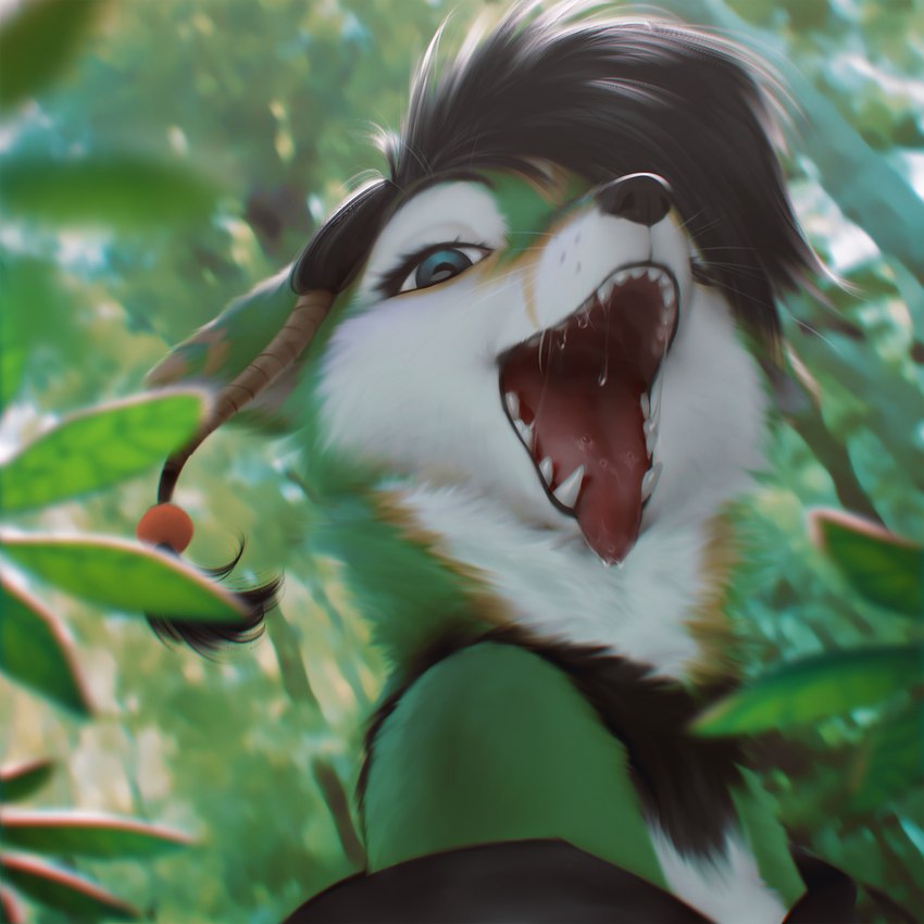 anthro black_hair blue_eyes blurred_background breasts day detailed_background female female_anthro forest fur green_body green_fur hair mouth_shot open_mouth outside plant smile solo teeth tongue tree white_body white_fur wayn_animation canid canine fox mammal 1:1 2022 adobe_photoshop_(artwork) digital_media_(artwork) hi_res