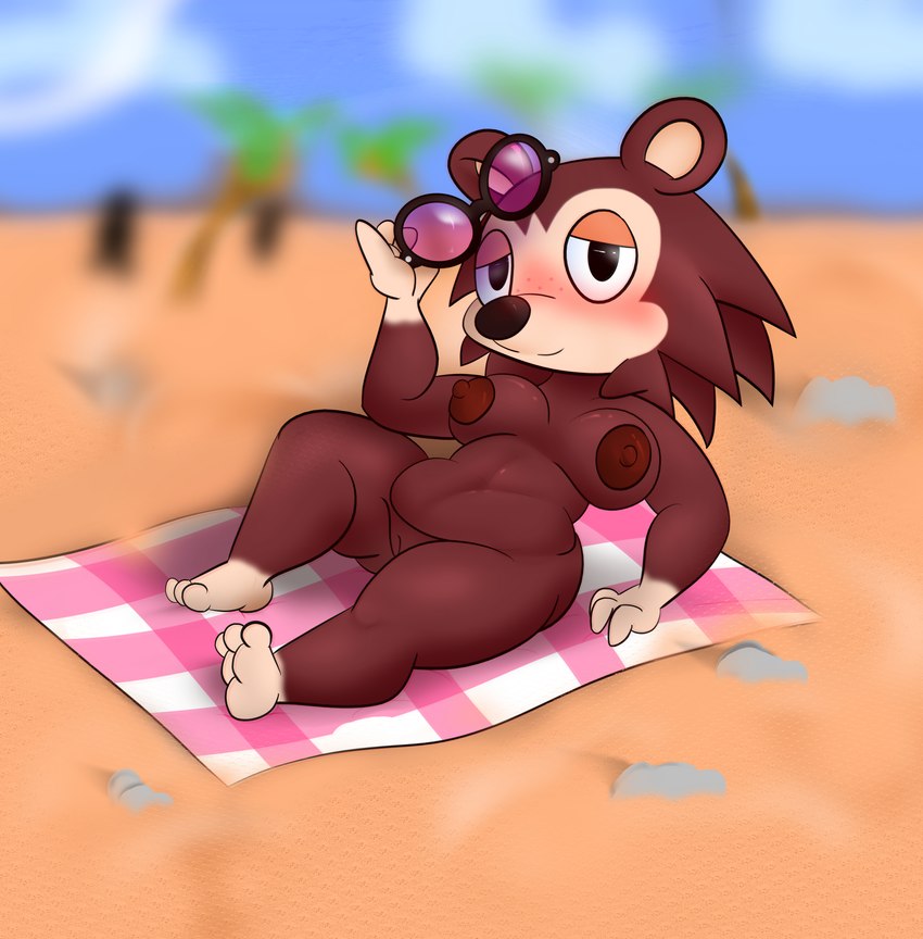 anthro beach blush breasts brown_nipples eyewear feet female genitals looking_at_viewer nipples outside pussy sand seaside short_stack soles solo sunglasses fuzefurry animal_crossing nintendo sable_able eulipotyphlan hedgehog mammal absurd_res hi_res