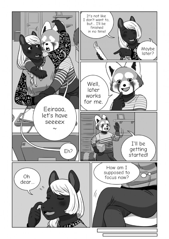 anthro big_ears blush clothed clothing dialogue duo eyebrows female fully_clothed hair long_hair text thick_eyebrows frikinky eira nanda ailurid equid equine horse mammal red_panda comic english_text hi_res monochrome