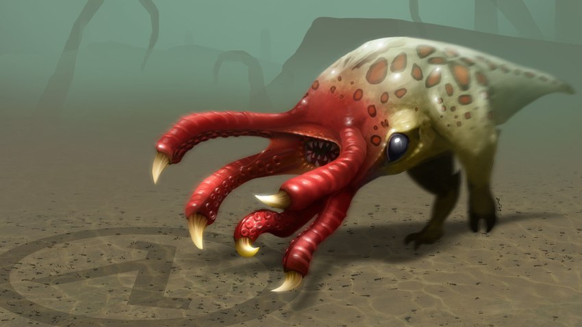 2_toes ambiguous_gender black_eyes brown_body brown_spots claws detailed_background face_tentacles feet feral multicolored_body outside solo spots tail tan_body tapering_tail teeth tentacles three-quarter_view toes walking xen_(half-life) david_thany half-life valve alien bullsquid xen_creature digital_media_(artwork) full-length_portrait official_art portrait shaded soft_shading