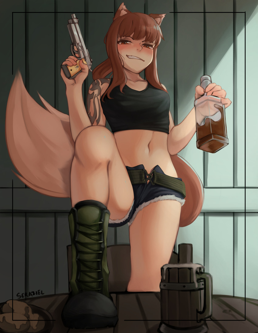 alcohol animal_ears bad_trigger_discipline beer_mug beverage blush boots bottle bottomwear breasts brown_body brown_fur brown_hair chair clothed clothing container cosplay crop_top daisy_dukes denim denim_bottomwear denim_clothing denim_shorts exposure_variation female foot_on_table footwear front_view fully_clothed fur furniture grin gun hair handgun holding_bottle holding_container holding_gun holding_handgun holding_object holding_pistol holding_ranged_weapon holding_weapon hotpants inner_ear_fluff inside long_hair looking_at_viewer midriff navel on_chair pistol ranged_weapon red_eyes shirt shoes shorts simple_background small_breasts smile solo standing standing_on_chair table tail tank_top tattoo thick_thighs topwear trigger_discipline tuft weapon seraziel beretta black_lagoon spice_and_wolf holo_(spice_and_wolf) revy_(black_lagoon) animal_humanoid canid canid_humanoid canine canine_humanoid humanoid mammal mammal_humanoid tailed_humanoid wolf_humanoid digital_media_(artwork) hi_res shaded