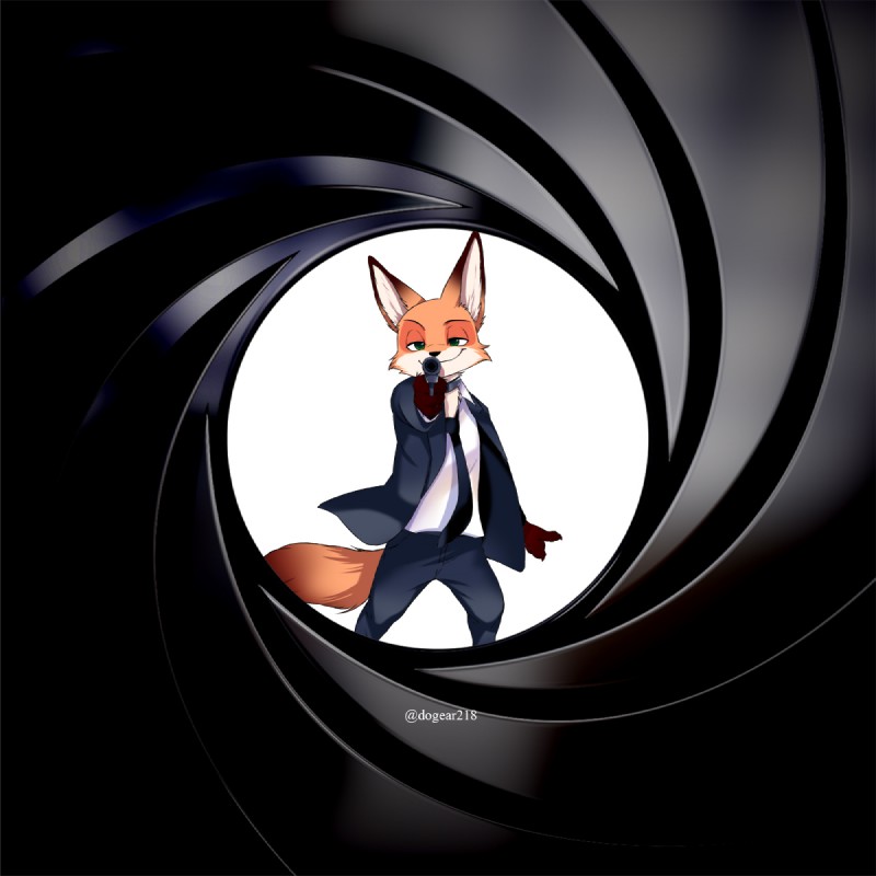 anthro clothing fur gun male offscreen_character ranged_weapon solo suit weapon dogear218 007 disney zootopia james_bond nick_wilde canid canine fox mammal red_fox true_fox 1:1 2017 hi_res