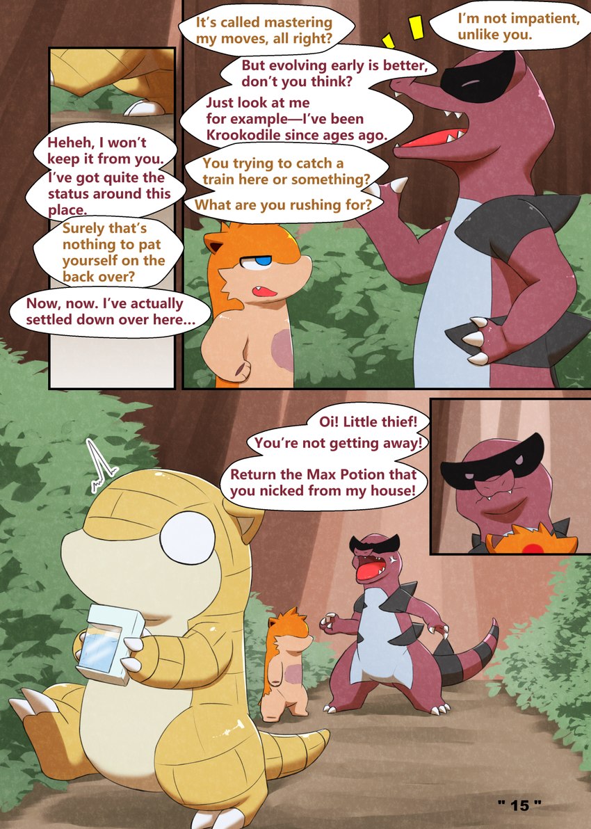 dialogue feral forest male max_potion plant semi-anthro speech_bubble text tree darrow0 nintendo pokemon mo_(darrow) pol_(darrow) yuel generation_1_pokemon generation_2_pokemon generation_5_pokemon krookodile pokemon_(species) quilava sandshrew totodile comic english_text hi_res