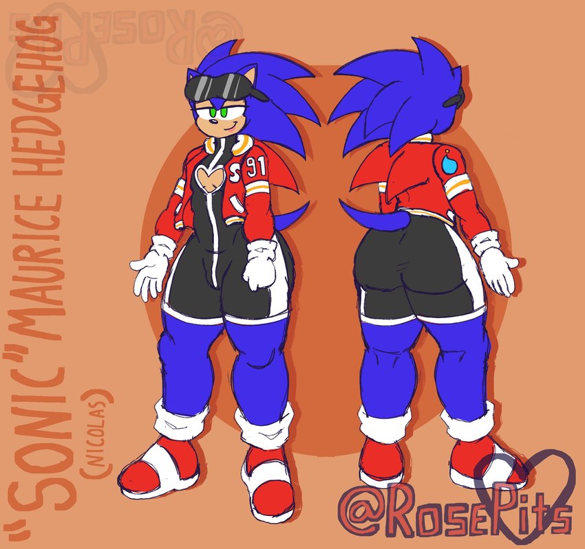 anthro big_butt blue_body blue_fur butt cleavage_cutout clothing cutout eyewear eyewear_on_head footwear fur gloves green_eyes handwear jacket male one-piece shoes solo sunglasses sunglasses_on_head tail topwear rosepits sega sonic_the_hedgehog_(series) sonic_the_hedgehog eulipotyphlan hedgehog mammal hi_res model_sheet