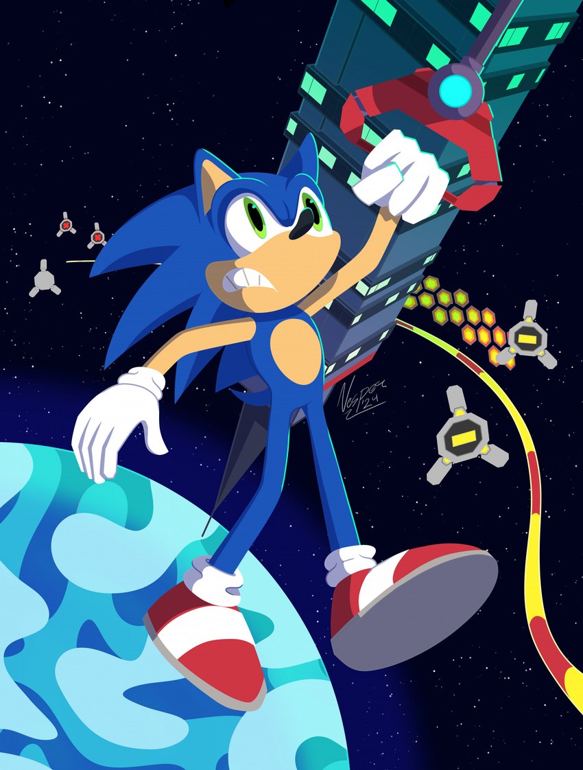 anthro blue_body clothing earth footwear gloves green_eyes handwear hexagon male planet pulley shoes solo space star tower warning_sign worried worried_face worried_look vesper_thee_bat sega sonic_adventure sonic_the_hedgehog_(series) sonic_the_hedgehog eulipotyphlan hedgehog mammal 2024 hi_res