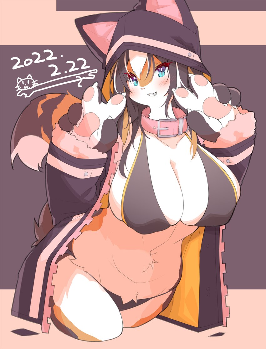 anthro big_breasts blush breasts clothed clothing female fur hair looking_at_viewer smile solo huluba felid feline felis mammal hi_res