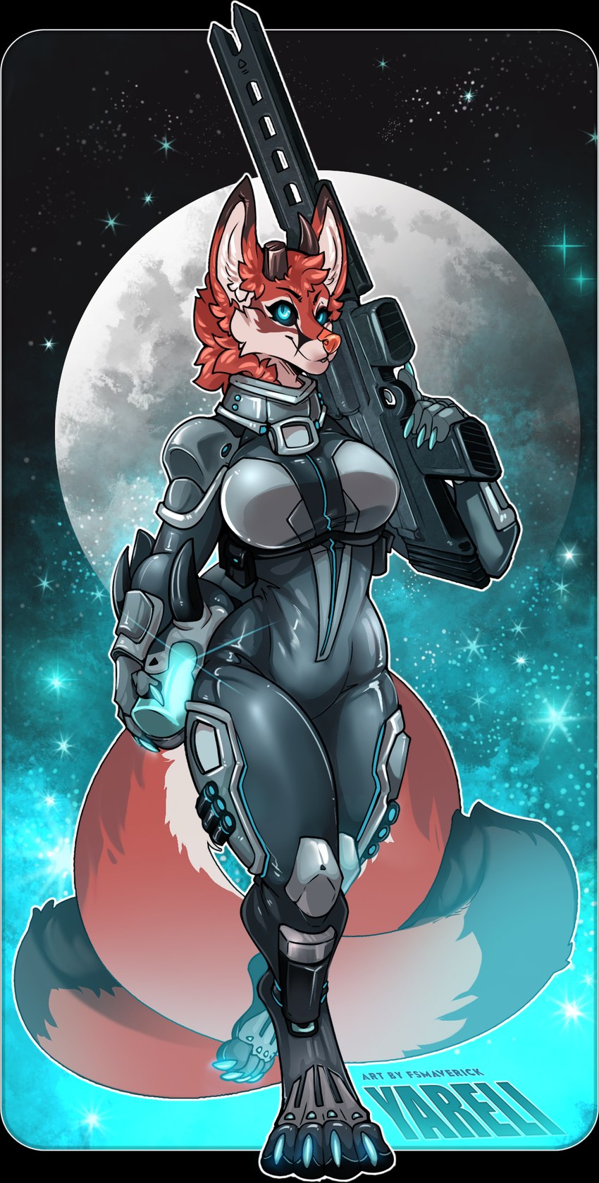 2_tails 4_toes anthro armor big_breasts black_armor black_ear_tips black_horn black_sclera black_tail_tip blue_claws blue_eyes breasts claws cosmic_background dipstick_ears dipstick_tail ear_markings feet female fully_clothed_anthro fully_clothed_female fur gun hair holding_gun holding_object holding_ranged_weapon holding_weapon horn markings moon multi_tail multicolored_ears orange_nose ranged_weapon red_body red_ears red_fur red_hair red_tail solo space space_background tail tail_markings toes weapon white_inner_ear fsmaverick yareli_(snek_prime20) alien canid canine fox mammal absurd_res hi_res female_(lore)