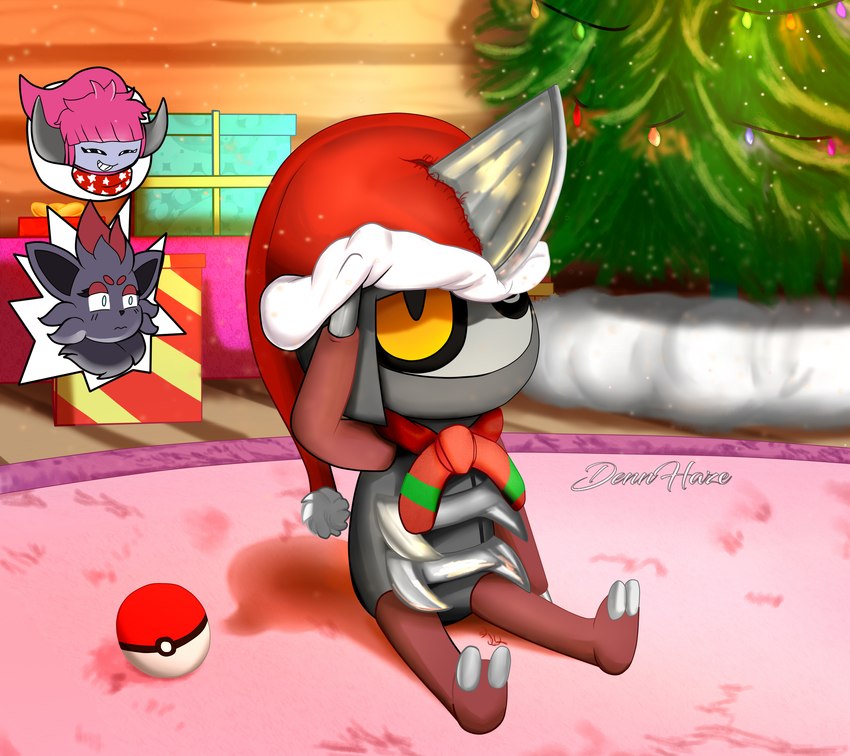 2_toes ambiguous_gender anthro christmas_clothing christmas_headwear christmas_present christmas_tree clothing detailed_background face_drawing feet gift grey_body hat headgear headwear holidays horn inside not_furry plant pokeball santa_hat scarf solo toes tree yellow_eyes dennhaze christmas nintendo pokemon generation_5_pokemon generation_6_pokemon hoopa hoopa_(confined) legendary_pokemon pawniard pokemon_(species) zorua 2021 absurd_res hi_res signature