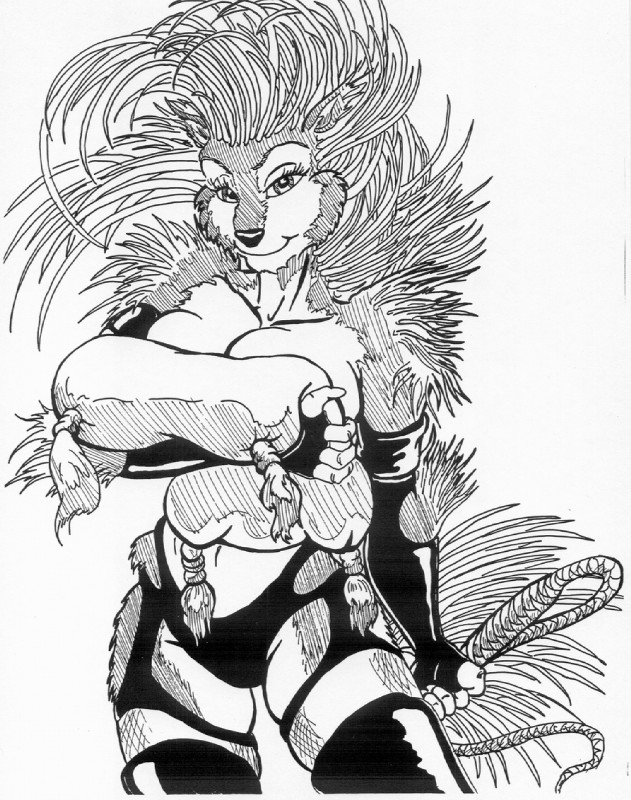 anthro armwear big_breasts boots breasts clothing cushion dominatrix elbow_gloves female fingerless_gloves footwear gloves handwear legwear looking_at_viewer shoes simple_background smile solo thigh_highs whip white_background oscar_marcus mammal porcupine rodent 1995 greyscale monochrome