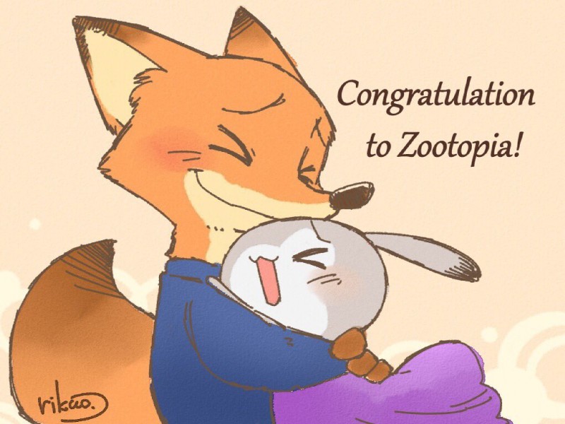 anthro clothing dipstick_ears dipstick_tail dress duo ear_markings female fur grey_body grey_fur hug male markings multicolored_ears multicolored_tail open_mouth open_smile simple_background smile suit tail tail_markings text rikuo_(artist) academy_awards disney zootopia judy_hopps nick_wilde canid canine fox lagomorph leporid mammal rabbit red_fox true_fox 2017 4:3 half-length_portrait portrait