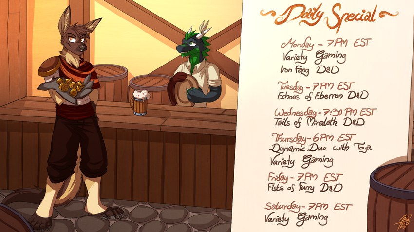 5_fingers 5_toes anthro bar barefoot barrel black_nose brown_body brown_fur brown_hair clothed clothing d10 d12 d20 d4 d6 d8 dice double_claw eye_scar facial_scar feather_hair feather_jewelry feathers feet fingers fluffy fur green_body green_scales grey_body grey_pawpads grey_scales hair horn male medieval medieval_clothing medieval_fantasy medieval_style orange_eyes padded_palms pawpads paws pseudo_hair scales scar tail tan_body tan_fur tankard tavern text toes gothwolf zgf_gaming ra'zim zrax_gar_fang gulonine hybrid kangaroo kobold macropod mammal marsupial marten mustelid musteline reptile sable_(marten) scalie 16:9 2019 english_text hi_res widescreen