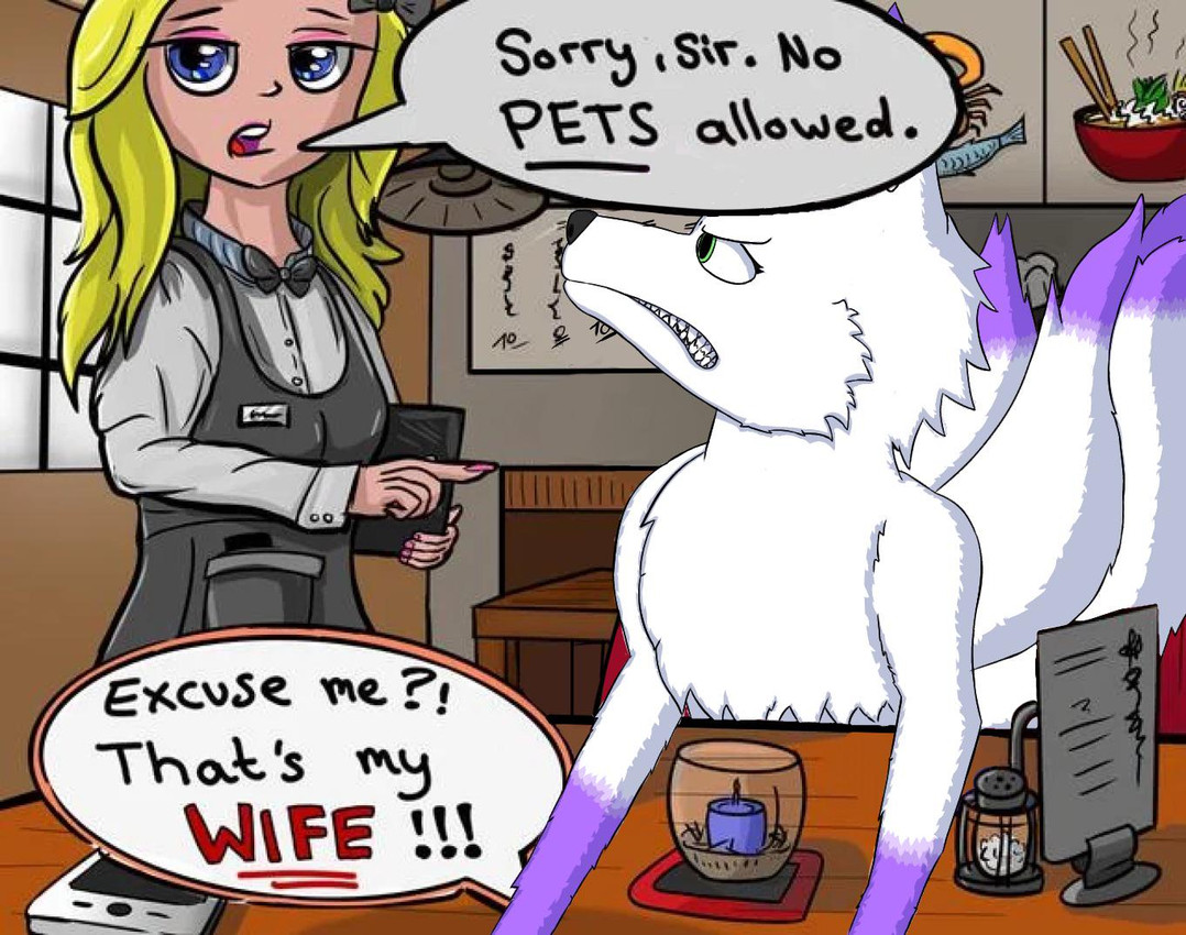 3_tails ambiguous_gender angry bared_teeth blonde_hair blue_eyes candle cellphone clothed clothing dialogue dipstick_tail discrimination duo electronics fangs female feral fur furniture green_eyes hair inside interspecies markings multi_tail multicolored_tail nude offscreen_character phone purple_body purple_fur quadruped restaurant smartphone speech_bubble table tail tail_markings teeth text waiter white_body white_fur droughtier the_nature_of_predators artaya_(venlilwrangler) fan_character alien arctic_fox canid canine fox human jaslip_(the_nature_of_predators) mammal true_fox digital_media_(artwork) english_text