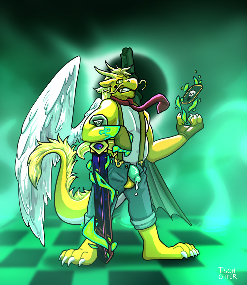 anthro bodily_fluids card checkered checkered_floor clothing corruption cum dripping eclipse feathered_wings feathers fluffy genital_fluids genitals gloves grin grinning_at_viewer handwear male melee_weapon penis precum smile smiling_at_viewer solo sword tarot tentacles weapon wings yellow_body tischotter mythology dragon mythological_creature mythological_scalie scalie