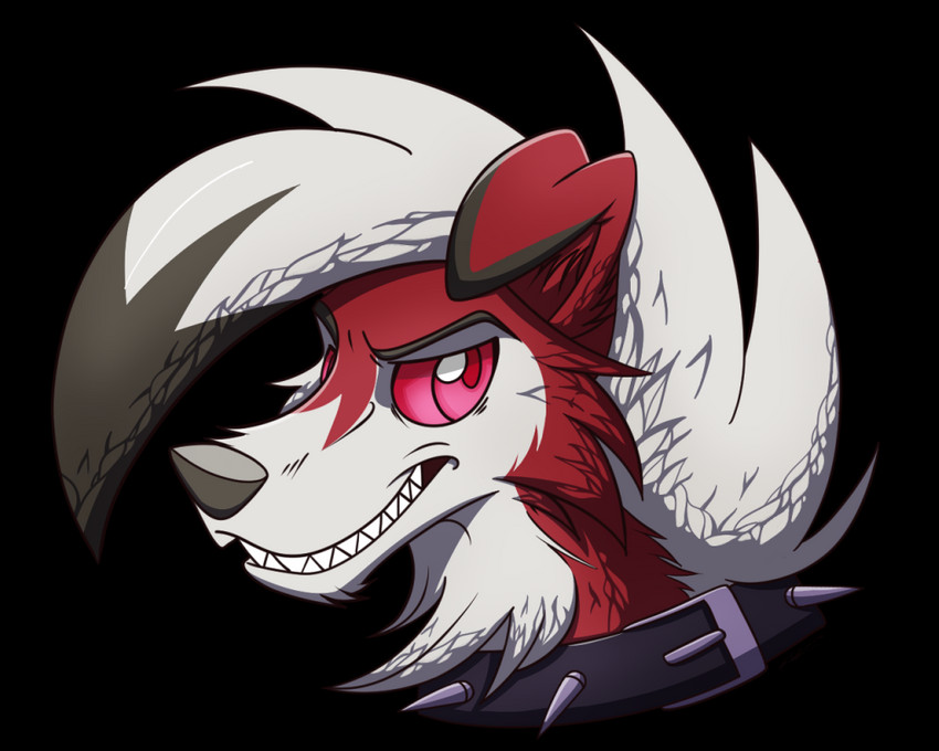 ambiguous_gender anthro black_nose collar eyebrows fur hair red_body red_eyes red_fur red_sclera sharp_teeth simple_background smile solo spiked_collar spikes teeth transparent_background white_body white_fur white_hair s7v8 nintendo pokemon canid canine generation_7_pokemon lycanroc mammal midnight_lycanroc pokemon_(species) alpha_channel headshot_portrait portrait