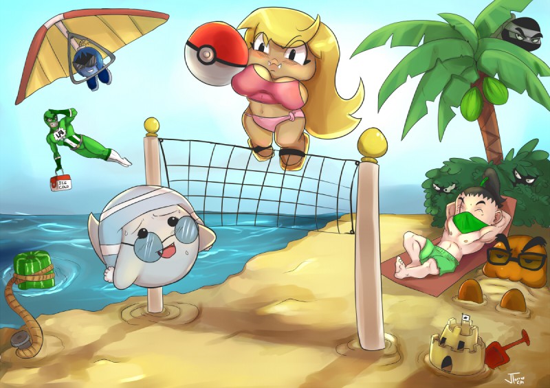 armless beach bikini blonde_hair blush clothing cooler eyewear fangs female flying glasses group hair hang_glider hang_gliding male net ninja not_furry outside sand_castle sculpture seaside sky sport superhero swimwear teeth two-piece_swimsuit volleyball volleyball_net warrior nerdbayne mario_bros nintendo akiterra gaijin_goomba boo_(mario) digital_media_(artwork) shaded