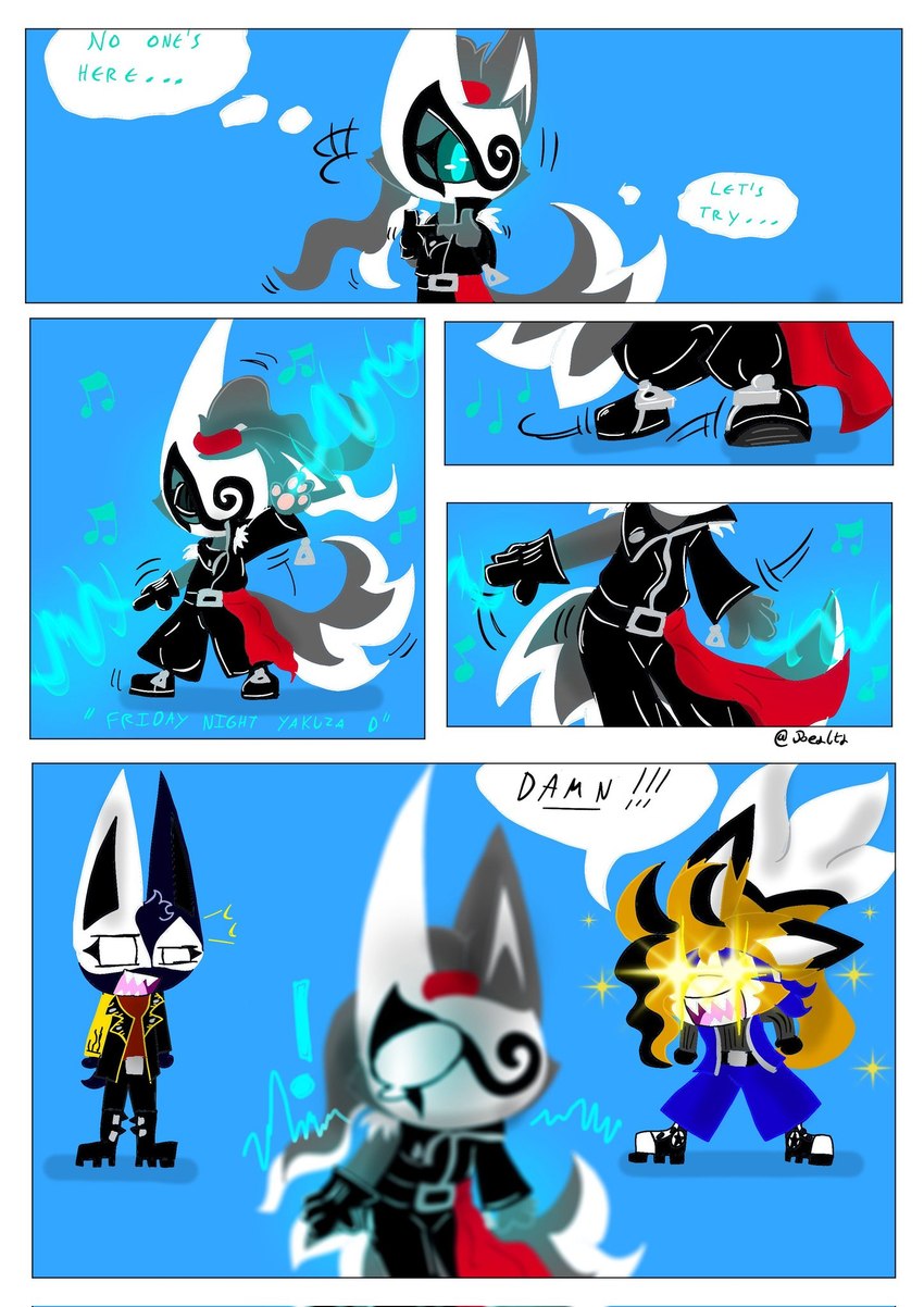 anthro black_body black_fur chibi comic_panel dancing dialogue fur grey_body grey_fur group male mask orange_body orange_fur sound_effects speech_bubble text trio realta22 realta spyralis bat-eared_fox canid canine canis dobermann domestic_dog fox mammal maned_wolf pinscher jade_(disambiguation) comic hi_res