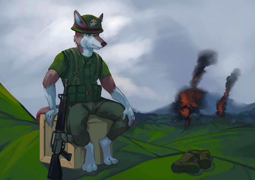 anthro assault_rifle belt_pouch boots clothed clothing combat_boots crate detailed_background fire footwear fur gun hill hillside inner_ear_fluff looking_down m16 m16a1 male marine_corps military military_clothing military_helmet military_pants military_uniform mountain ranged_weapon red_body red_fur rifle shoes sitting sky skyscape smoke solo tuft uniform vietnam_war weapon white_body white_fur thepimpartist u.s._army united_states_marine_corps canid canine canis domestic_dog husky mammal nordic_sled_dog spitz 2020 traditional_media_(artwork)